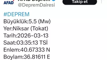 Tokat'ta 5.5 Büyüklüğünde Deprem