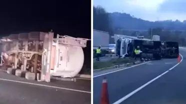 Virajı alamayan çimento tankeri devrildi! 1 yaralı