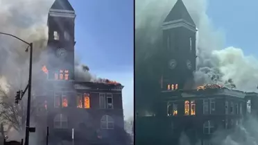 ABD'de 134 yıllık tarihi binada yangın! Saat kulesi çöktü