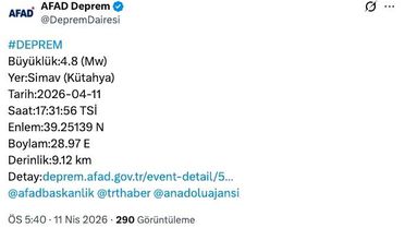 Simav'da 4.8 Büyüklüğünde Deprem