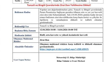 Bingöl ve Tunceli İçin Zirai Don Uyarısı