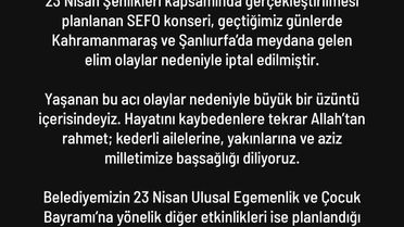 Kahramanmaraş ve Şanlıurfa'daki acı olay sonrası Denizli'de 23 Nisan kutlamalarındaki Sefo konseri iptal edildi