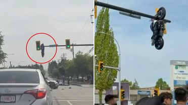 Kazayı gören gözlerine inanamadı! Motosiklet trafik ışığında asılı kaldı