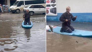 Adana'da esnaf sel suyunda sörf yaptı