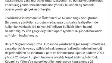 Bakan Gürlek: Yasa dışı bahis operasyonlarında 130 şüpheli hakkında adli işlem başlatıldı