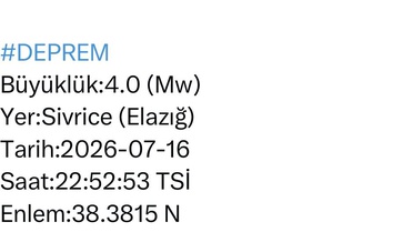 Elazığ'da 4.0 büyüklüğünde deprem