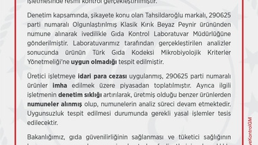 Tahsildaroğlu Peynirinde Uygunsuzluk Tespit Edildi
