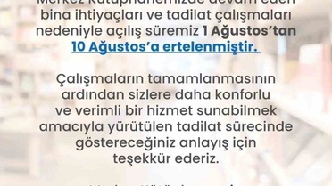 Merkez Kütüphane 10 Ağustos’ta kaplarını açacak