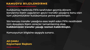 Kayserispor'un Transfer Yasağı Kalktı