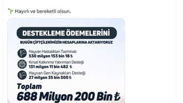 Çiftçilere 688 Milyon TL Destek Ödemesi