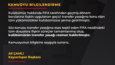 Kayserispor'un Transfer Yasağı Kaldırıldı