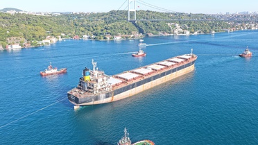 Rusya açıklarında İHA saldırısına uğrayan Liberya bayraklı Anna-S kuru yük gemisi İstanbul Boğazı'ndan geçiyor