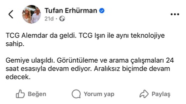 Batan gemide kayıp 20 kişi için TCG Alemdar arama kurtarmaya katıldı