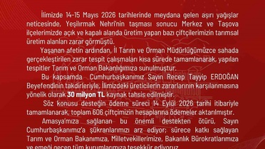 Amasya’da taşkından etkilenen çiftçilere 30 milyon TL ödeme yapıldı