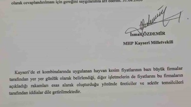 MHP'li Özdemir, Kayseri'de hayvan kesim fiyatı iddialarını Bakan Bolat'a taşıdı