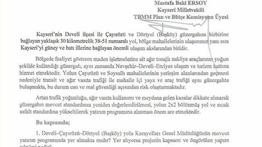 MHP'li Ersoy, Develi-Çayırözü-Dörtyol yolu için soru önergesi verdi