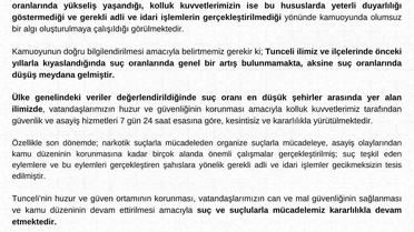Tunceli Valiliği suç oranlarının arttığı iddialarını reddetti, düşüş olduğunu bildirdi