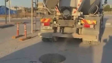 Bursa Nilüfer'de beton mikserinden yola beton dökülmesi kameraya yansıdı