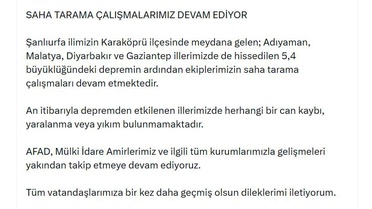 Bakan Çiftçi, Şanlıurfa Karaköprü'deki 5.4'lük depremde can kaybı olmadığını açıkladı