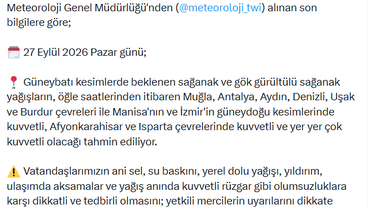 İçişleri Bakanlığı, 27 Eylül'de güneybatıda kuvvetli sağanak ve ani sele karşı uyardı