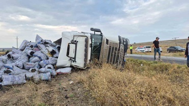 Yozgat Sorgun'da meşe kömürü yüklü tır kontrolden çıkıp devrildi, sürücü yaralandı