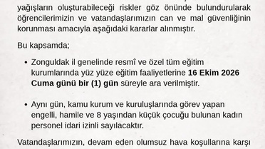 Zonguldak Valiliği, kuvvetli yağış nedeniyle 16 Ekim Cuma yüz yüze eğitime ara verdi
