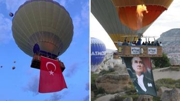 Kapadokya'da gökyüzü Türk bayrakları ve Atatürk posterleriyle süslendi