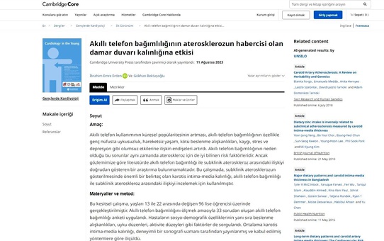 Öğrencinin akıllı telefon bağımlılığı ile damar kalınlığı arasındaki ilişkiyi incelediği proje Cambridge University Press'te yayımlandı