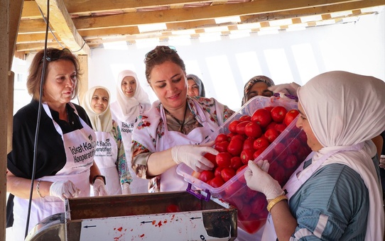 Vali Numan Hatipoğlu'nun eşi Ayfer Hatipoğlu, kadınlarla birlikte salça yaptı
