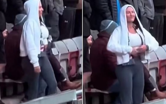 Kadın taraftar, kendisine küfreden rakip takım taraftarlarına göğüslerini göstererek karşılık verdi