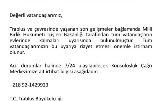 Türk Büyükelçiliğinden Evde Kal Uyarısı