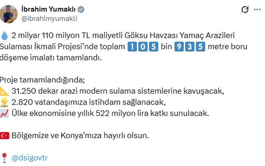 Göksu Havzası Sulama Projesi Tamamlandı