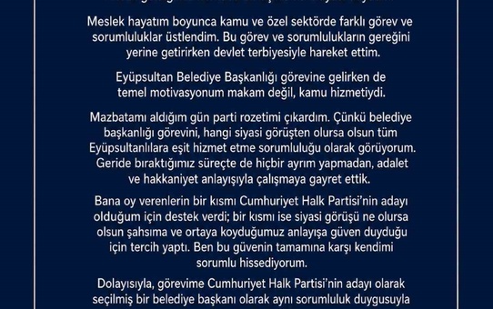 Eyüpsultan Belediye Başkanı Özmen, 'Görevime CHP’nin seçilmiş bir belediye başkanı olarak devam edeceğim'