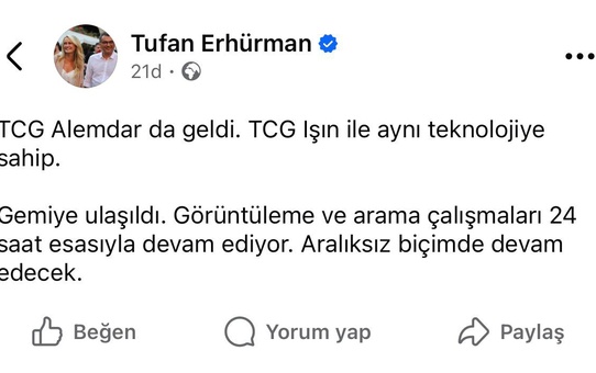 Batan gemide kayıp 20 kişi için TCG Alemdar arama kurtarmaya katıldı