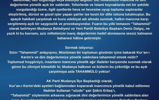 AK Parti Mudanya İlçe Başkanlığı, Şükrü Erbaş'ın sözlerine tepki gösterdi
