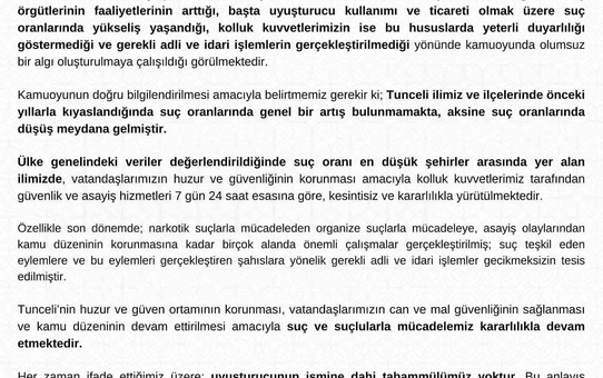 Tunceli Valiliği suç oranlarının arttığı iddialarını reddetti, düşüş olduğunu bildirdi