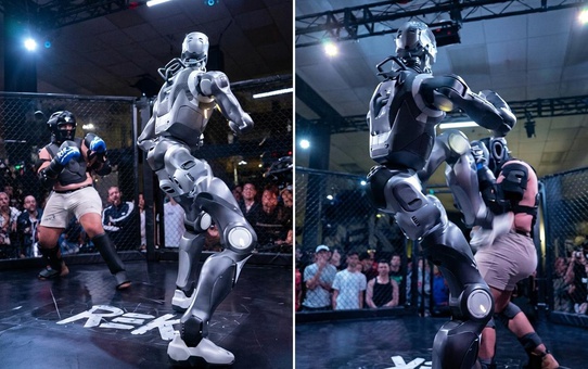 Terminatör dövüşü gerçek oldu: İnsansı robot ringe çıktı, insan rakibini yere serdi
