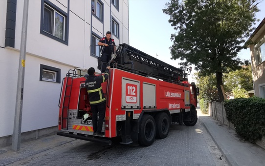 Lüleburgaz'da ağaçta mahsur kalan kedi, itfaiye ekiplerince merdivenle kurtarıldı