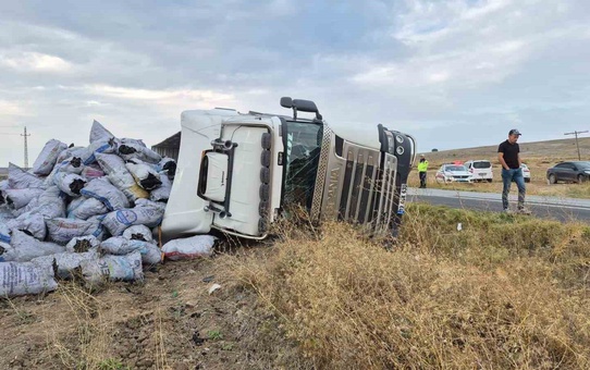 Yozgat Sorgun'da meşe kömürü yüklü tır kontrolden çıkıp devrildi, sürücü yaralandı