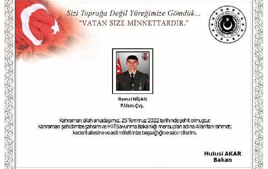 Pençe-Yıldırım Harekat bölgesinde bir asker şehit oldu