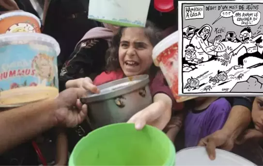 Fransız Libération gazetesi 'Gazze'de Ramazan' karikatürüyle, açlıktan ölen kişilerle dalga geçti
