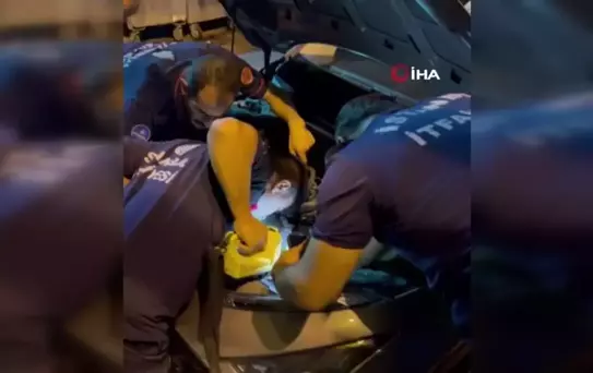 Beylikdüzü'nde itfaiye ekiplerinden araca sıkışan kediyi kurtarma operasyonu