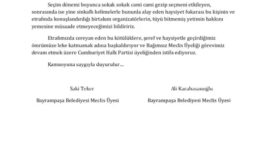 Bayrampaşa'da İki Belediye Meclis Üyesi CHP'den İstifa Etti