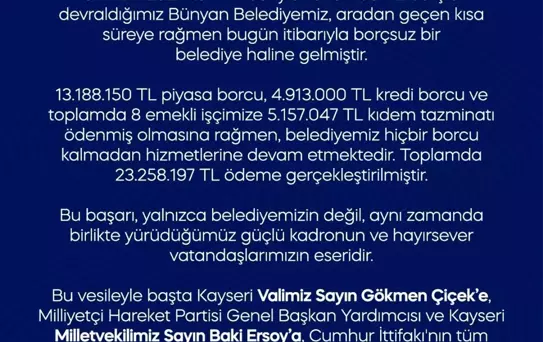 Bünyan Belediyesi Borçsuz Hale Geldi