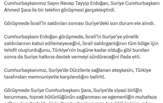 Erdoğan ve Şara'dan Suriye Üzerine Telifif Görüşme