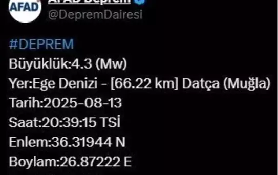 Muğla'da 4.3 Büyüklüğünde Deprem