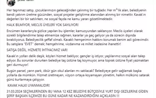 Şevki Tarım'dan Kavak Belediyesi'ne Eleştiri: 'Satışlar, Kamu Yararını Göz Ardı Ediyor'