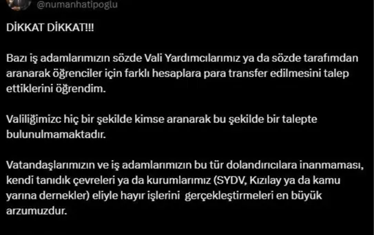 Elazığ Valisi'nden Dolandırıcılık Uyarısı