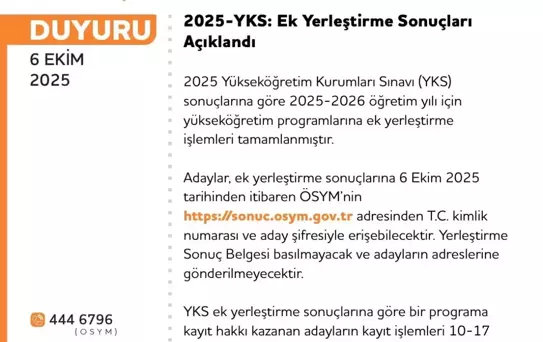 YKS Ek Yerleştirme Sonuçları Açıklandı