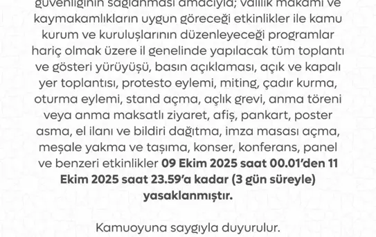 Tokat'ta Gösteri ve Eylemler 3 Gün Yasaklandı